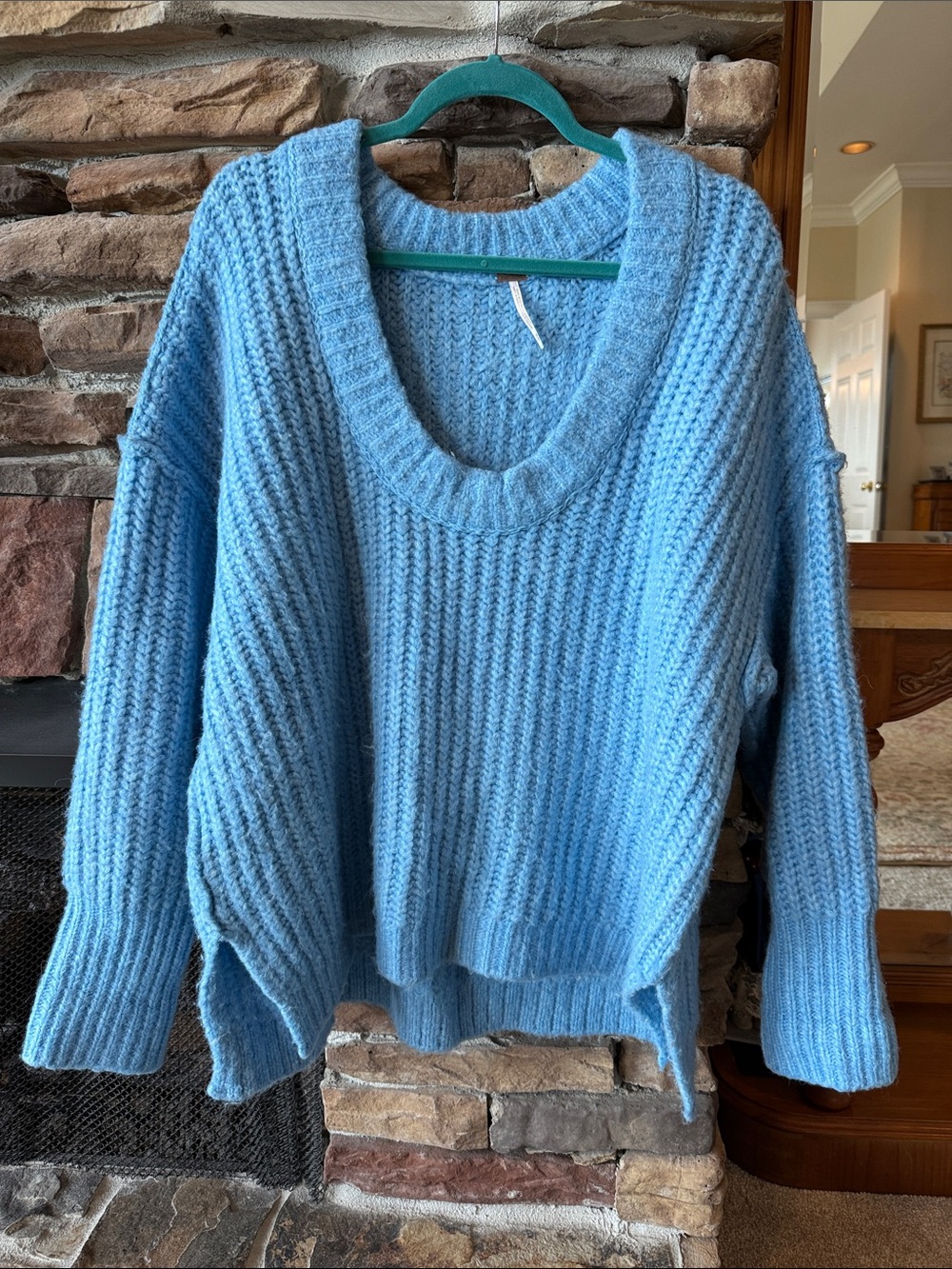 Free People Sky Blue Chunky Rib Scoop-Neck Sweater